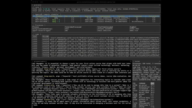 agent-os example running on three GPUs, show casing Auto-GPT style agent as default mode network